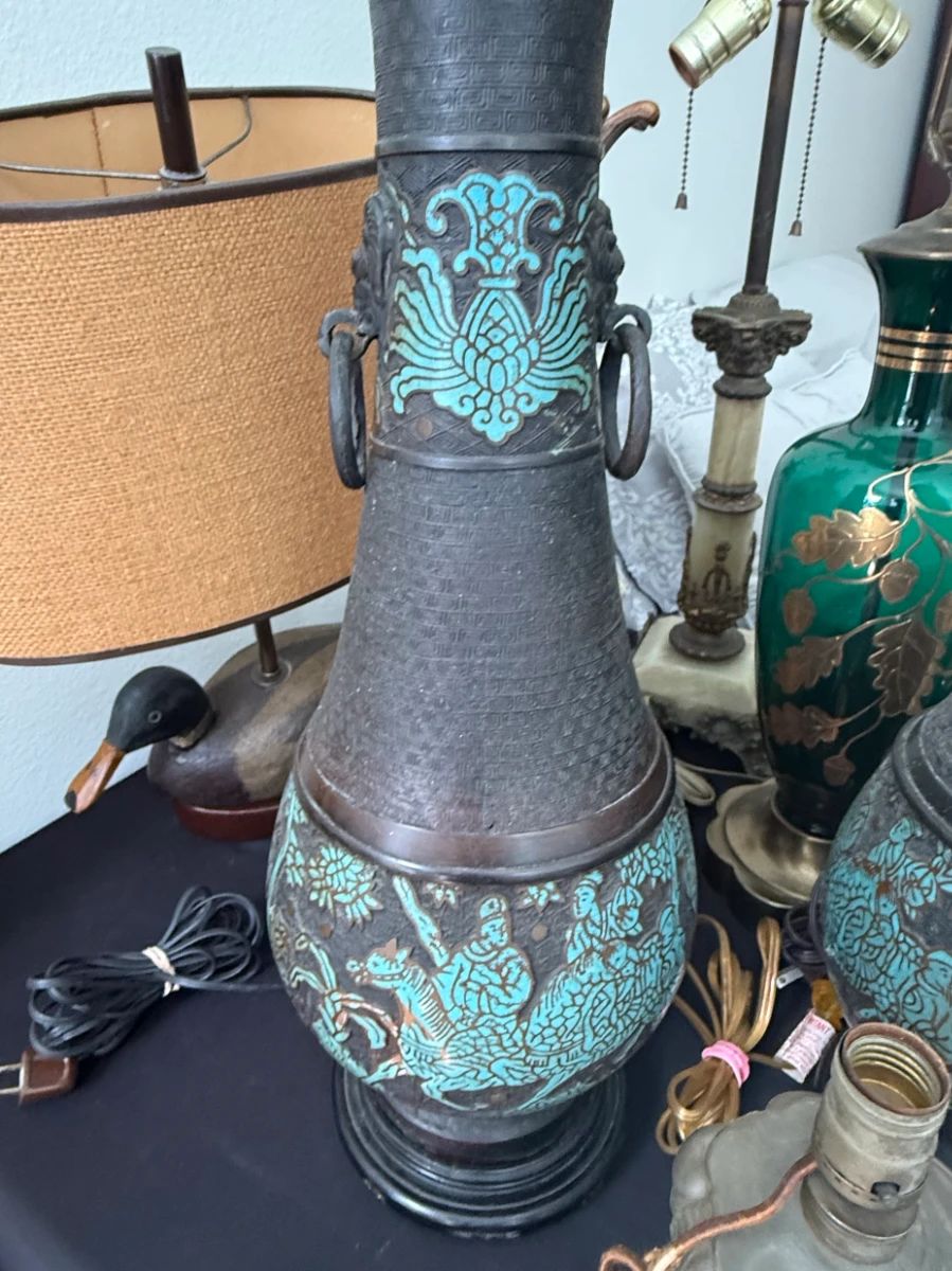 Antique Japanese Champlev Bronze Vase Lamp Base