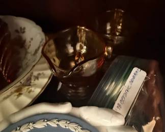 Amber Glass Gravy Boat with Saucer and Blue Jasperware Plate with Laurel Wreath Motif