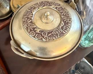 Vintage Brass Serving Dish with Lid and Floral Embossing  Asian Style