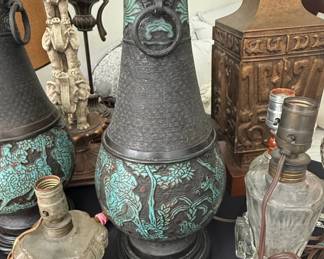 Vintage Champleve Bronze Table Lamp with Turquoise Inlay