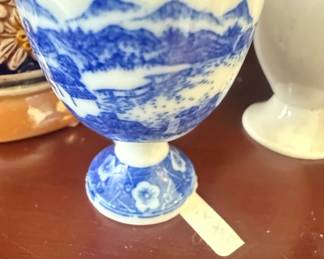 Blue and White Porcelain Egg Cup with Landscape Scene  Possibly Spode Blue Italian