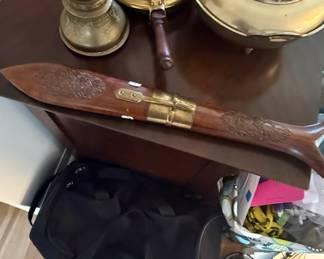 Ornate Hand Carved Wood and Brass Meat Carving Set