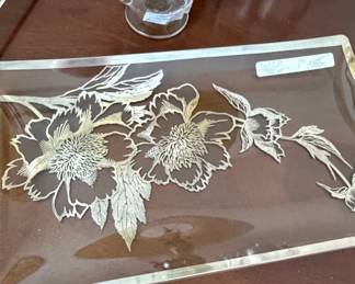 Silver City Glass Company Sterling Overlay Peony Glass Tray