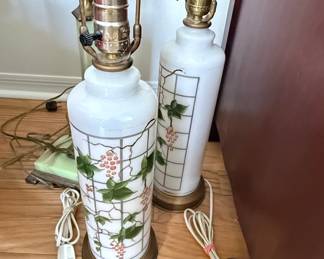 Vintage Milk Glass Table Lamps with Grapevine Motif Pair  Tyndale Style