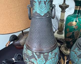 Antique Japanese Champlev Bronze Vase Lamp Base