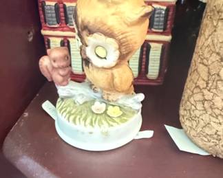 Vintage Napcoware Ceramic Owl and Squirrel Figurine with House Background