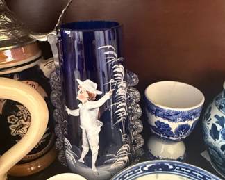 Mary Gregory Cobalt Blue Glass Stein with Figural Scene and Willow Pattern Porcelain Bowl