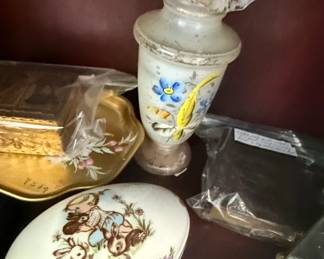 VictorianStyle Frosted Glass Ewer with HandPainted Floral Motifs and Children or Bunny Figurine Egg Box