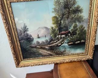 Vintage Dutch Landscape Oil Painting with Watermill and Sailboat