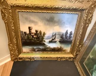 Ornate Gilded Frame with Castle and Sailboat Oil Painting