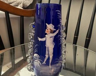 Antique Mary Gregory Cobalt Blue Glass Vase with Figural Scene