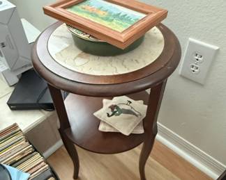 Vintage Round Tiered Accent Table with Marble Inlay