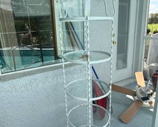 White Wrought Iron and Glass Tiered Etagere Shelf Unit