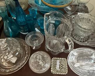 Assorted Vintage Glassware Collection  Including Punch Bowl Set and Blue Glass Pieces