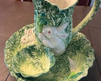 Shafford Rabbit Patch Majolica Pitcher and Basin Set