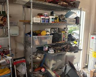 Assorted Garage and Household Items including Wire Shelving Unit