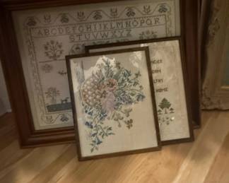 Framed CrossStitch Sampler and Floral Bouquet