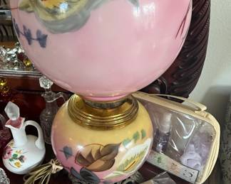 Antique Gone With the Wind HandPainted Floral Opaline Glass Table Lamp