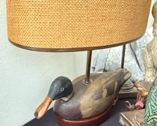Vintage Mallard Duck Decoy Table Lamp with Burlap Shade