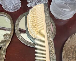 Ornate SilverPlated Hand Mirror and Comb Set