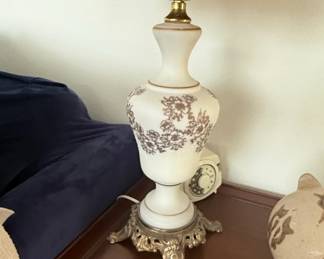 Vintage Frosted Glass Table Lamp with Gold Floral Motif and Ornate Brass Base