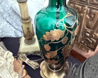 Emerald Green Glass Vase with Applied Gold Oak Leaf Motif and Gold Trim