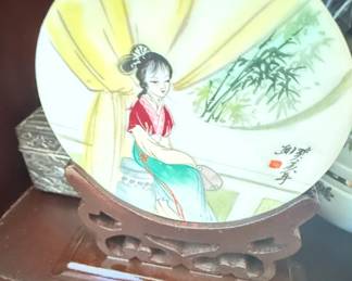 Chinese Porcelain Plate with Lady and Bamboo Motif