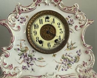 Ansonia Royal Bonn Porcelain Mantel Clock with Floral Motif