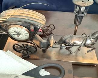 Vintage United Metal Goods  Horse Drawn Carriage Clock with Lamp