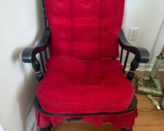 Vintage Black Spindle Rocking Chair with Red Tufted Corduroy Upholstery