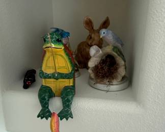 Whimsical Figurine Grouping Fishing Turtle, Rabbit with Bird, and Black Cat