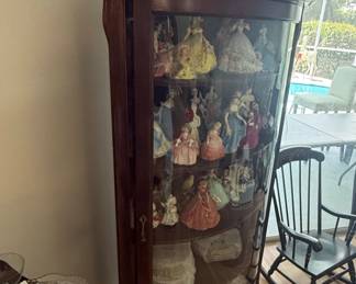 Antique Oak Curved Glass China Cabinet with Porcelain Figurines