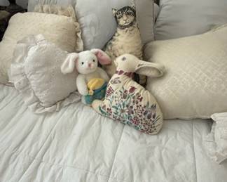Vintage Stuffed Cat and Floral Bunny Pillow Toys