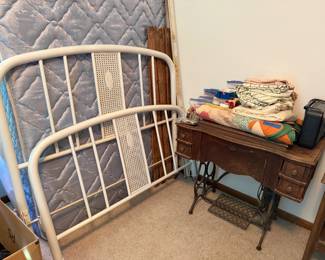 Vintage Metal Bed, Antique Sewing Machine, Quilts, Radios Sewing Notions