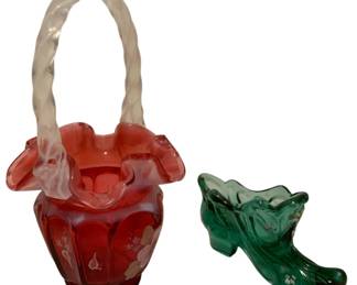 270 - Handpainted Fenton Basket and Handpainted Shoe (Description): Both are Cracked- As Is Basket - 9.5 Inches