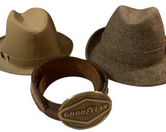 322 - 2 Hats and a Belt w/ Goodyear Buckle (Description): Hats are size 7 3/8.