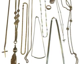 1008 - Lot of 10 Gold Toned Necklaces and 2 Rings (Description): Initial "D" necklace is 14K GF. Necklace lengths range from 15-58 inches. Avon ring is a size 7 and triple stack ring is a size 6. Stamped 14K GF Stamped 14K GF