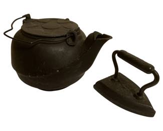 413 - Cast Iron Kettle & Iron (Description): Kettle - 7 x 11 x 8 Iron - 5 x 6 x 4