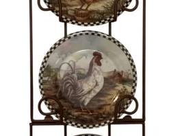 167 - 4 Rooster Plates w/ Hanging Stand (Description): Stand is 42 x 11 Plates are 8 inches