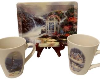 289 - Thomas Kencade Plate w/ Stand and 2 Mugs