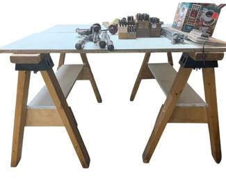 562 - 2 Sawhorse w/ Wood Top - 32 x 47 x 20 (Description): Contents on Wood Top is NOT included