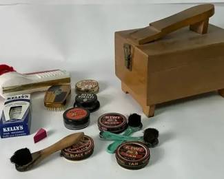 Vintage Shoe Shine Box with Kiwi Polish  Accessories