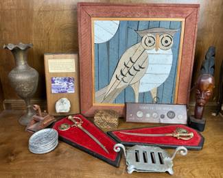 Collectibles  Folk Art Lot  Owl Art, Carvings, Swords  More