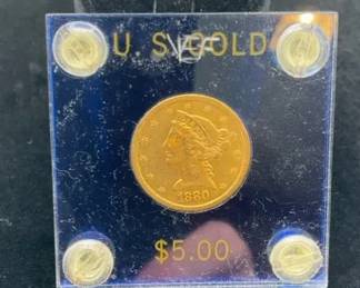 1880 Liberty Head $5 Gold Coin in Display Holder