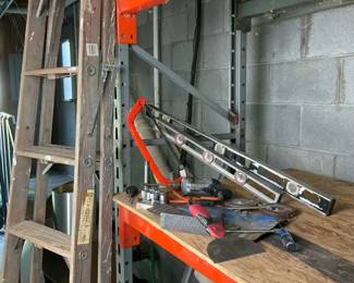 Wood Ladder, Levels  Garage Tool Grouping