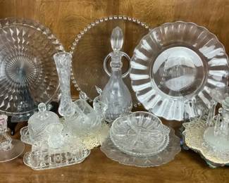 Pressed Glass  Crystal Serving Pieces with Decanter and Candleholders