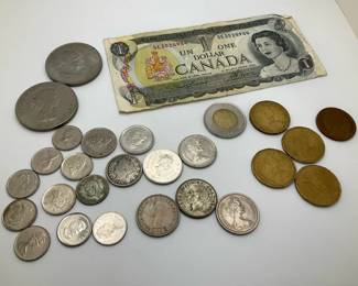 Assorted Canadian Coins and One Dollar Note Collection