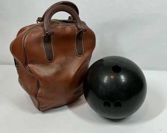 Vintage Brunswick Bowling Ball w Brown Leather Carry Bag