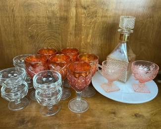 Pressed Glass Drinkware  Decanter Lot  Pink, Amber  Stemware