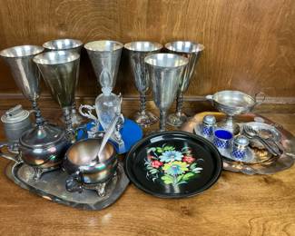 Silverplate  Pewter Serving Lot  Goblets, Trays, Decor  Tableware